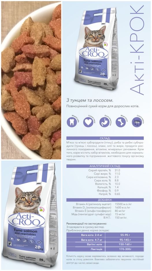 Сухой премиум корм для кошек Acti - CROQ, с тунцом и лососем, 20 кг.