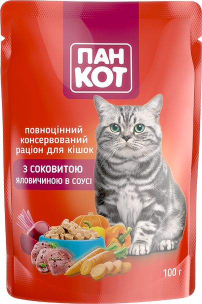 Пан Кот (пауч) для кішок з соковитою яловичиною в соусі 100 гр, уп.24 шт.